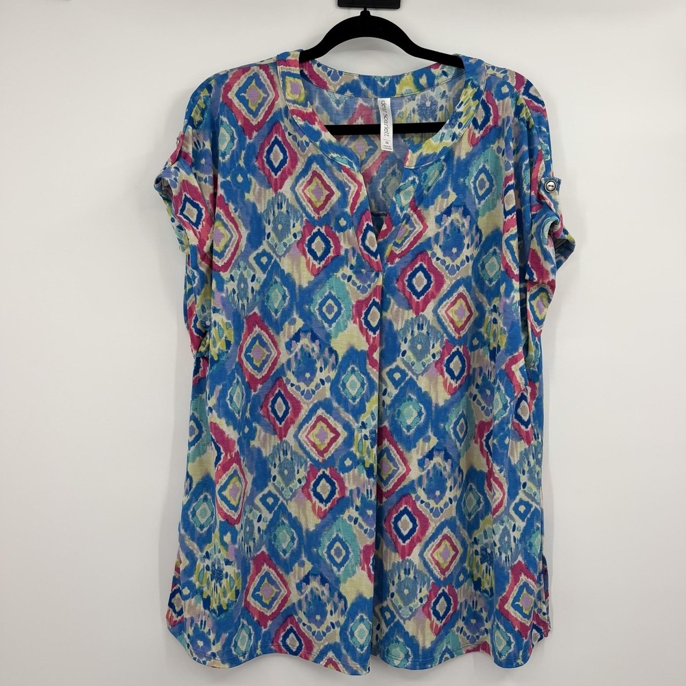 Dear Scarlett Tunic Womens 2X Blue V-Neck Roll Tab Short Sleeve Lightweight Liz